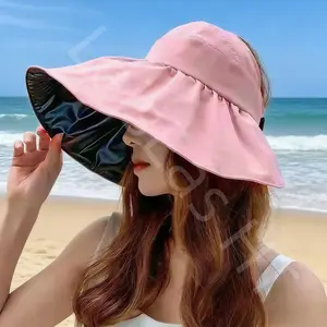 Summer UPF 50+ Wide Brim Black Glue Lined Open-Top Sun Hat, Back Opening Ponytail Hat, Sun Protection Cap for Travel & Daily Outings