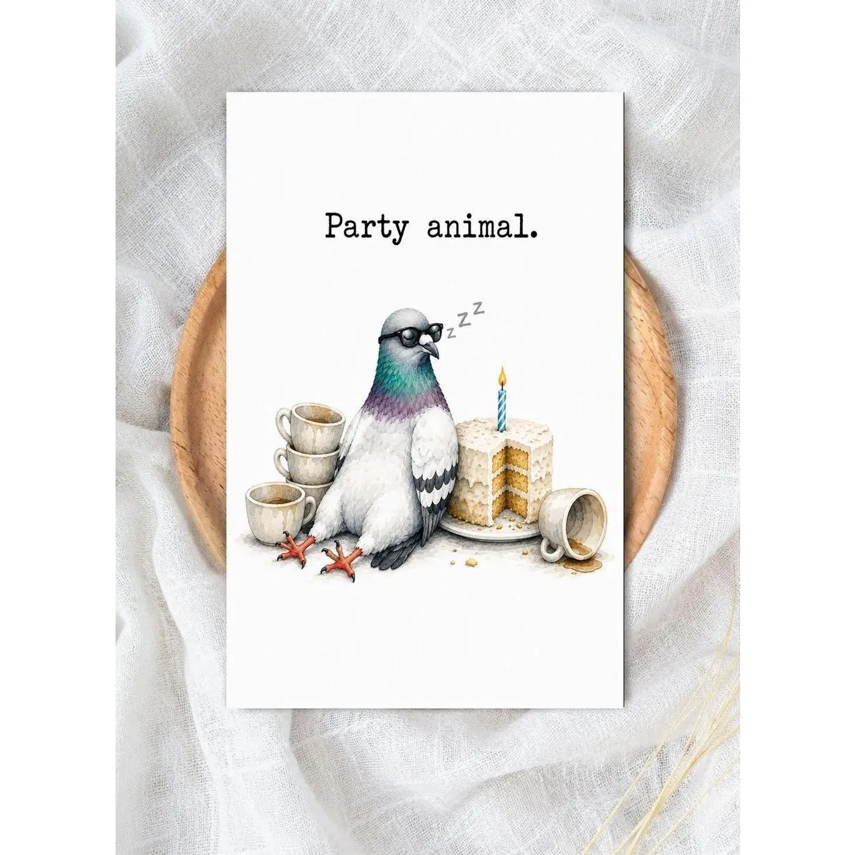 5x7 "Party Animal" Watercolor Pigeon Office Stationery Birthday Card with Self-Seal Envelope, Relatable Adulting Humor Gift for Coworker, Customizable with Personalized Message