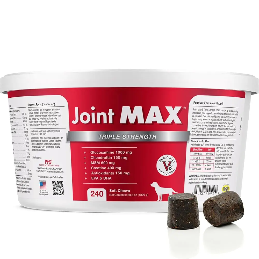 Joint MAX TS Triple Strength Supplement for Dogs Hip Dysplasia & Arthritis Relief 240 Soft Chews with Glucosamine Chondroitin Omega-3 Creatine EPA DHA & Turmeric