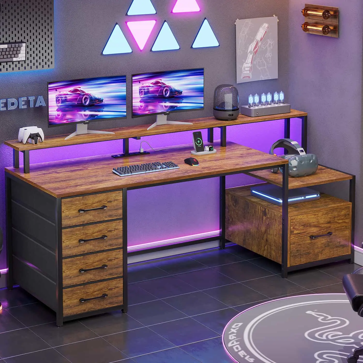 Sedeta 66-in L-Shaped Modern Wood Home Office Desk – Gaming Desk with Drawers, Electrical Outlets, LED Lights, Ergonomic Design for Workstations, Modern Wood Desk