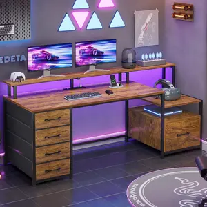 sedeta 66-inch computer desk with drawers, with electrical outlets and LED lights L-shaped game table, ergonomic design Luxury