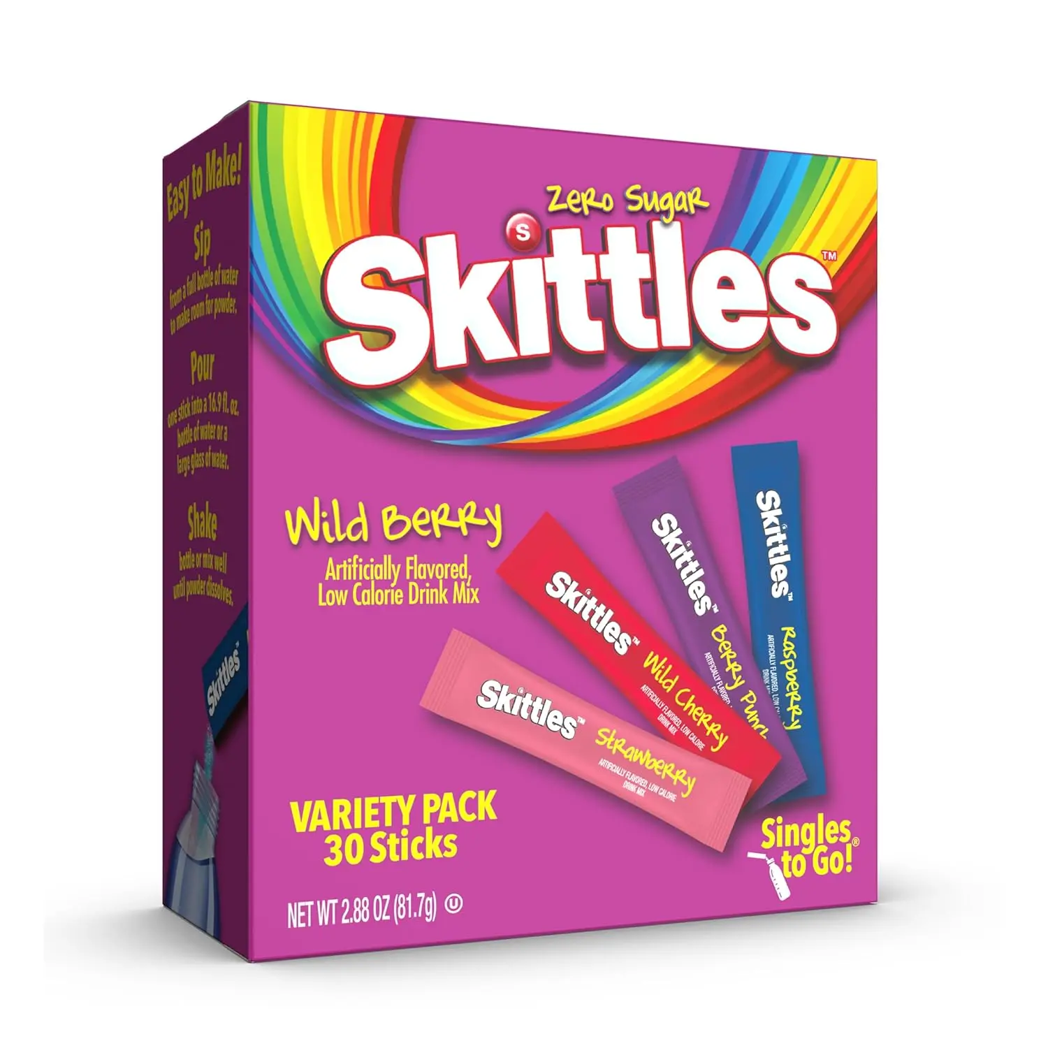 Skittles Singles To Go Wild Berry Sugar-Free Drink Mix Variety Pack, Artificial Watertok Fruity Hydration Powder, 0 Sugar, 0-Calorie Alternative, 4 Flavors, 1 Box (30 Single-Serve Packets)