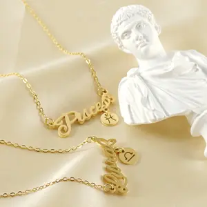 VEVE Stylish Cursive Necklace with Zodiac Charm | 18K Gold Plated Stainless Steel Dainty 12 Sign Jewelry