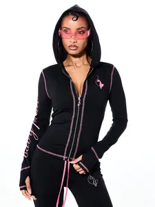 Baby Phat | Hooded Jersey Zip-Up with Pink Contrast Detail in Black