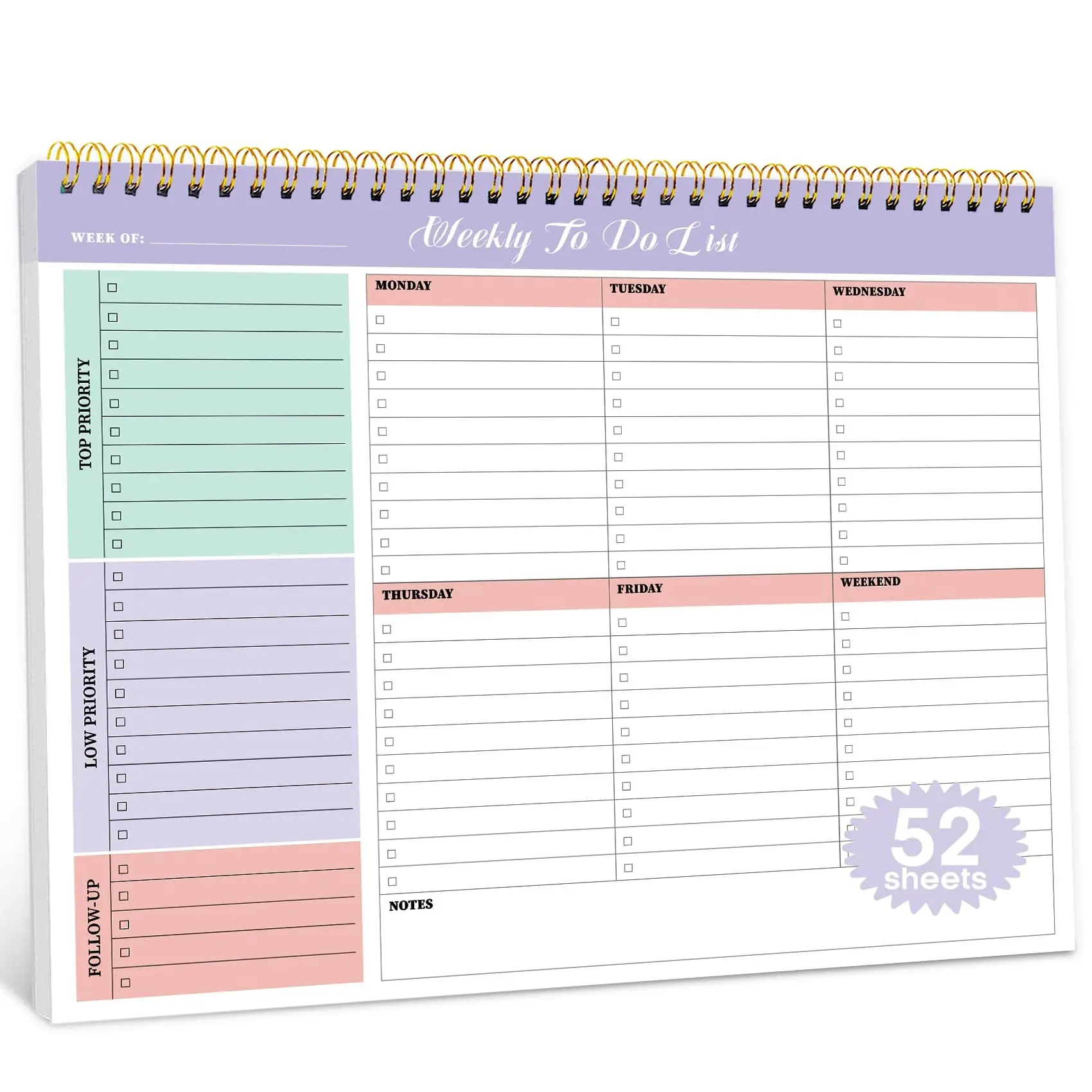 Undated Weekly To-Do List Calendar Planner - 52-Sheet 8.5in×11in Schedule Notebook, Weekly Goal Desk Organizer, Office Supplies for Work, Home