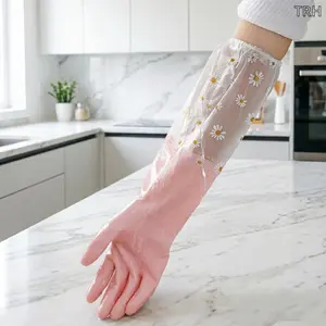 Long Cuff Waterproof Dishwashing Gloves, Reusable Rubber Cleaning Gloves, Daisy Print Kitchen Gloves, Warm Lined Non-Slip Gloves for Washing Dishes & Household Chores
