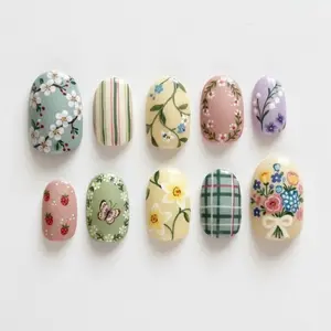 Hand-Painted Spring Cottagecore Press On Nails, Vintage Floral Nail Art, Pastel Garden Flowers Plaid Nails, Cute Spring Summer Nails