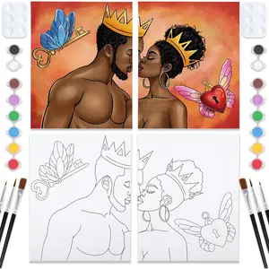 Couples Painting Kit Date Night King and Queen Sip and Paint Kit for Adults Pre Drawn Pre Stretched Canvas Art Set for Christmas Valentine's Day 2 Pack 8"x10"