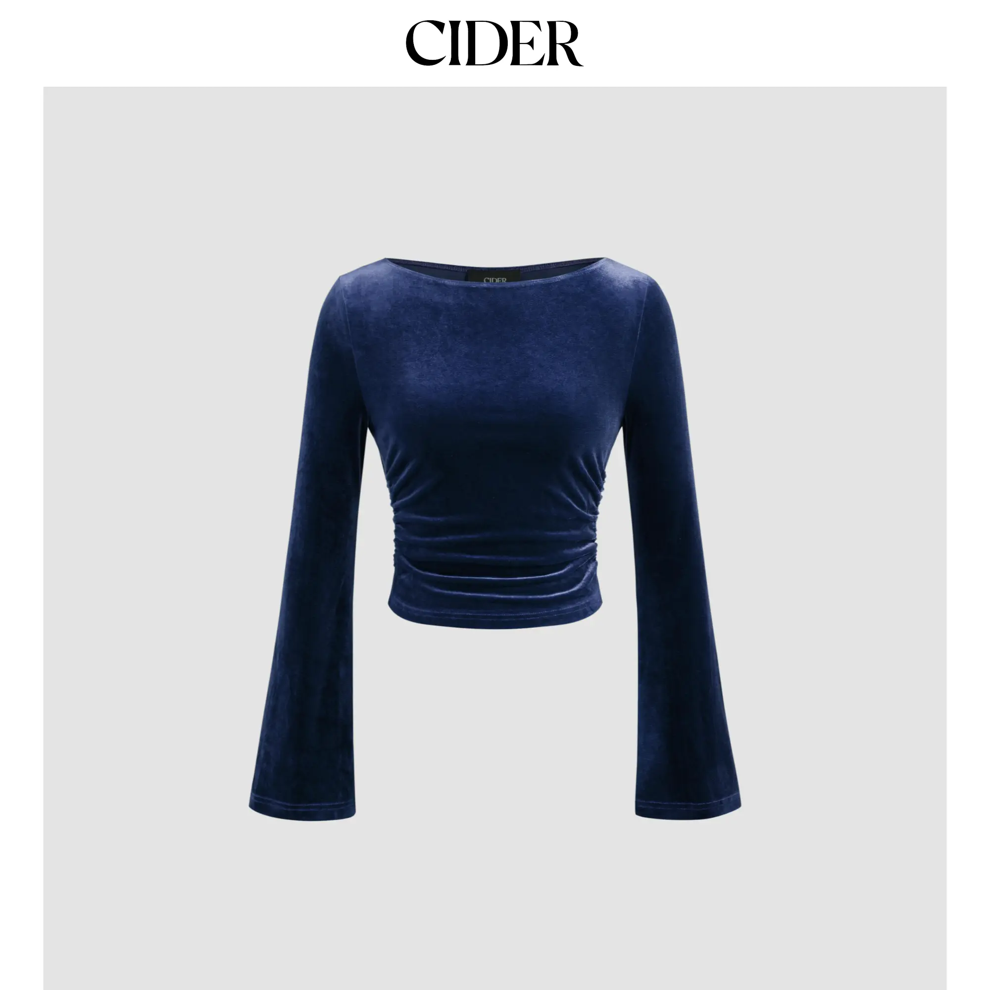 Cider [5 colors, size 2-26] Velvet Boat Neck Solid Ruched Long Sleeve Crop Top