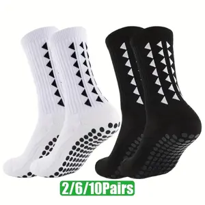 2/6/10 Pairs Athletic Grip Socks for Boys & Girls - Towel Bottom Terry Design, White & Black with Triangular Patterns, Perfect for Football, Basketball, Soccer, Tennis, Skateboarding & Exercise, Socks |   Patterned Sports Socks(Sheets)