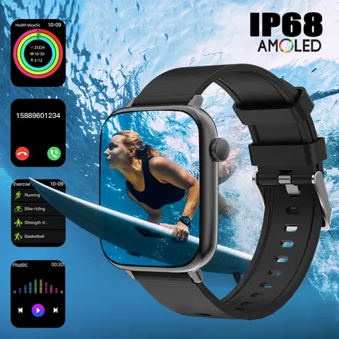 IP68 Waterproof Smart Watch - Sports Tracking Wristwatch, Wearable Tech with AMOLED Display, Bluetooth Sync, Phone Calls, Message Reminders, 100+ Sports (Badminton Included), DIY Watch Dials, Game Mode, iOS & Android Compatible Fitness & Daily Tracker