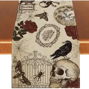 Retro Halloween Horror Theme Table Runner Gothic Skull Tablecloth Death Rose Day Skull Decoration Halloween Home Table Decorations and Supplies -13 X 72 Inches