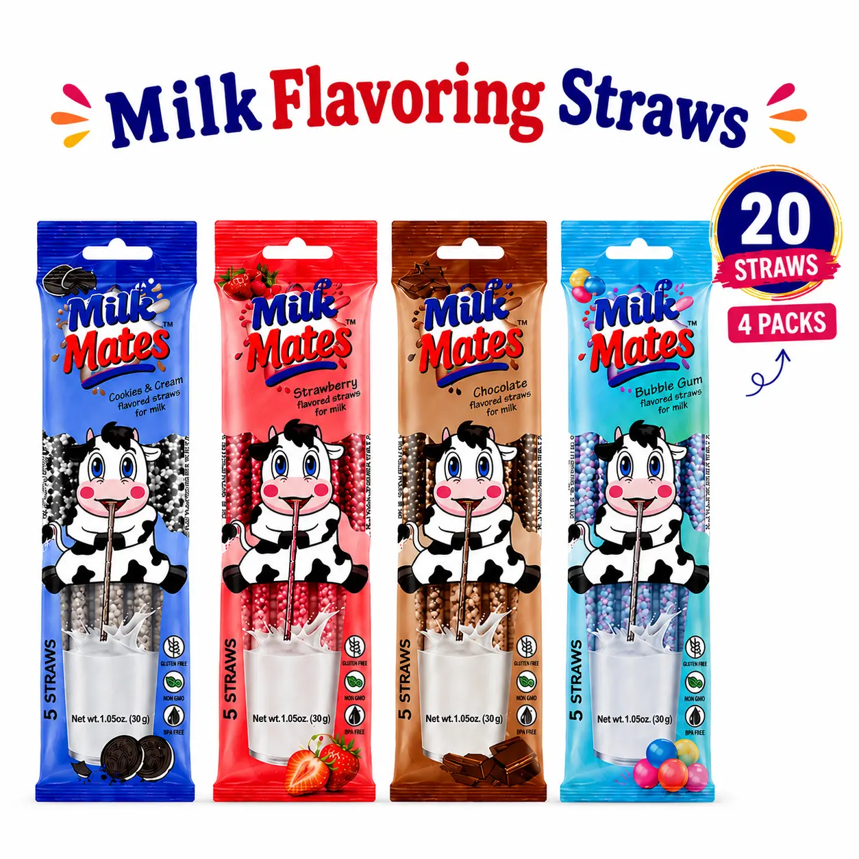 Mild-Flavored Milk Straws for 7 oz Glass of Milk – 4 Packs (5 Straws Each) Total 20 Straws in Subtle Chocolate (1 Pack), Strawberry (1 Pack) and Bubblegum(1 Pack), Cookies & Cream (1 Pack)Flavors