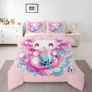 Feelyou Kawaii Axolotl Print Bedding Set - Breathable Soft Blanket, Cute Salamander Pattern, Sweet Dessert Milk Tea Comforter, Ocean Beach Coastal Duvet Insert, Pink Polyester Fiber Multi-Size Bedding Set