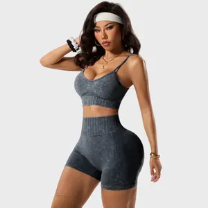 Sand wash yoga suit set high waist hip lift sports fitness shorts shock-proof gathering outer vest Seamless Scrunch Butt Leggings biker Top