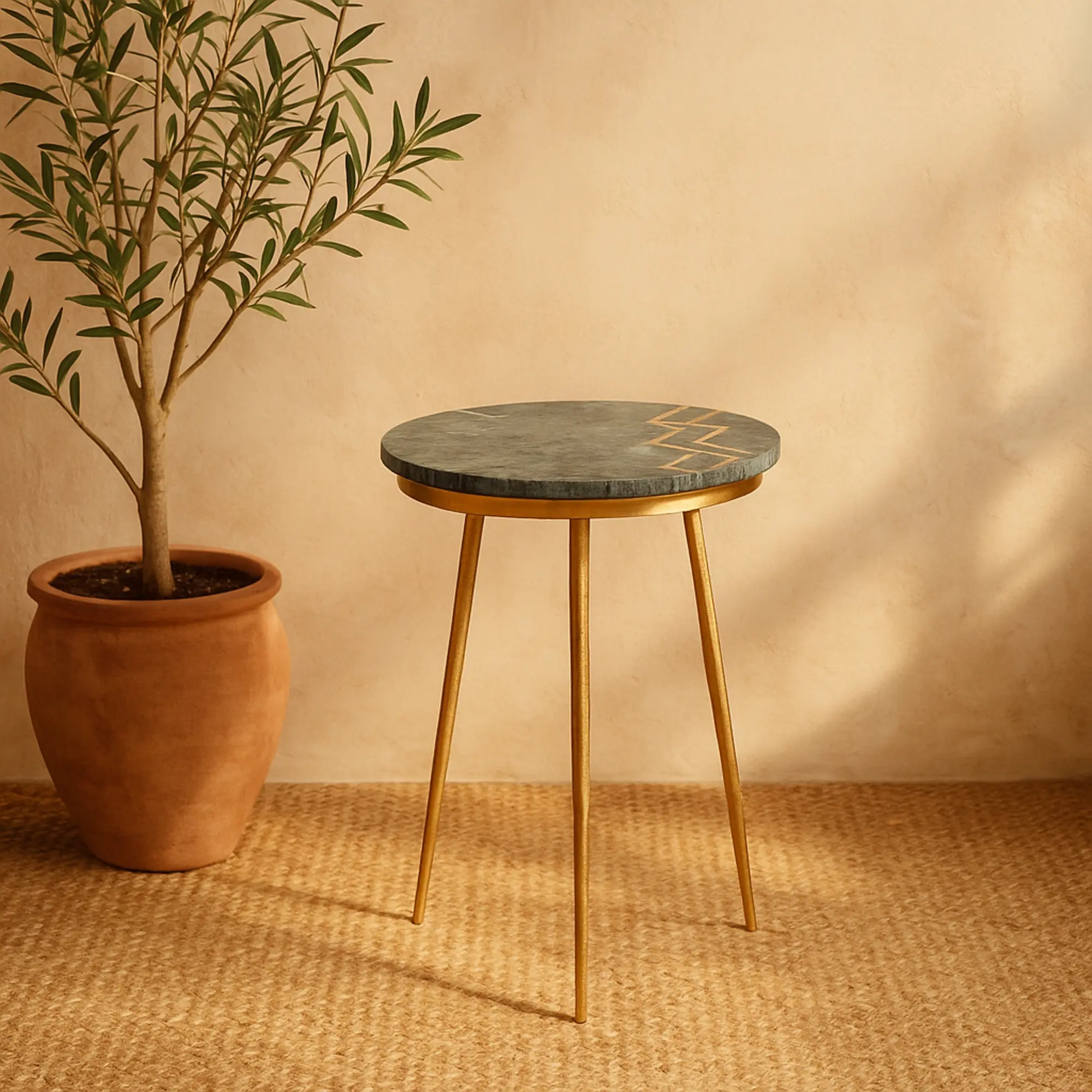 Modern Green Marble Top Compact Round Side Table - 16x16x19.6in, Gold Metal Tripod Base, Zig-Zag Detail, 100 lbs Capacity, Minimalist Aesthetic, Neutral Elements, Optimal Display, Durable, Stylish, Fully Assembled, 19.10 lbs, for Living Room Indoor Decor