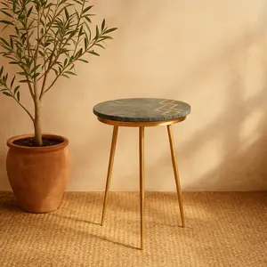 Green Marble Side End Accent Table with Gold Metal Tripod Legs and Zig-Zag Detail