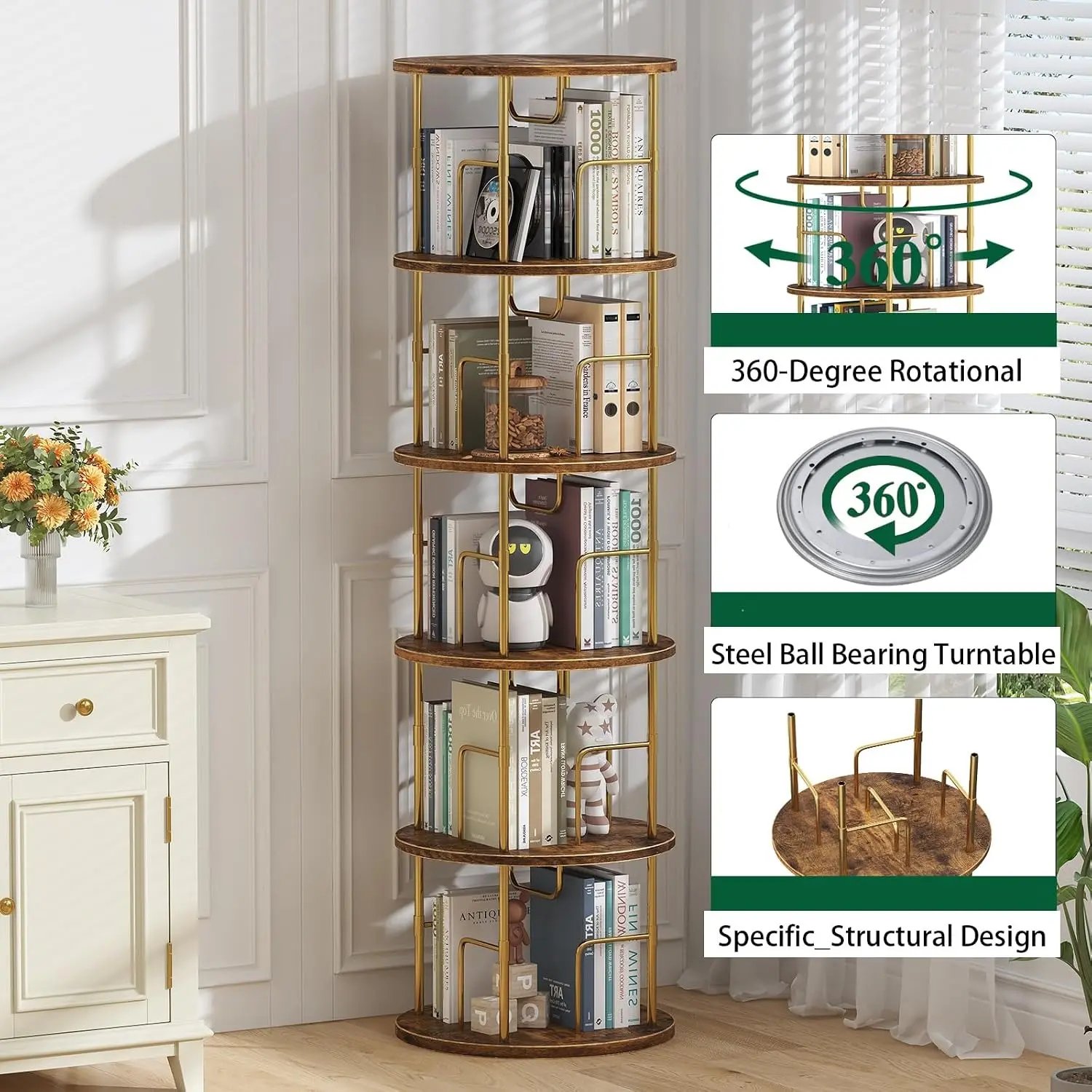 5Tier Rotating Bookshelf, 360 ° Display Stackable Spinning Bookshelf Tower,Round Space Saving Tall Floor Standing Swivel Bookcase Corner Storage Organizer for Bedroom/Living Room/Office，Gold,Storage racks, storage shelves