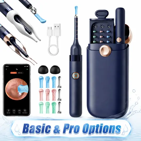 Earwax Removal Kit, Smart Wireless 8MP HD Camera Ear Cleaner with S1 Pro & R2 (Basic Version) Options, Stainless Steel Tweezers, 9 Ear Spoons, iOS & Android App Compatible