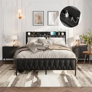 Garvee Full Size Bed Frame with PU Faux Leather, Button Headboard with Charging Station, All-Metal Full Platform Bed Frame with Storage, Noise-Free, No Box Spring Needed, Easy Assembly, Black
