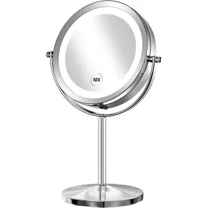 7 lighted makeup mirror with magnification 10x1x double sided round magnifying led vanity standing cosmetic shaving mirror with battery operated cordless portable for bathroom bedroom