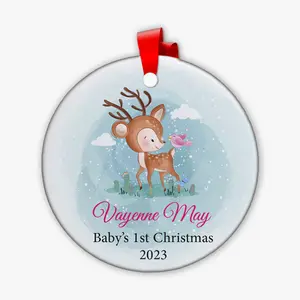 Baby Girls Personalized First Christmas Ornament | New Baby Gift | Deer Christmas Ornament with Name | New Baby Christmas Keepsake - Ceramic or Acrylic