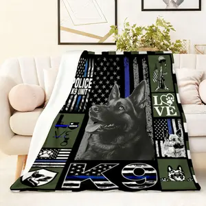 Police K9 Unit Themed Flannel Blanket 270G American Flag Thin Blue Line Design Soft Warm Throw Blanket for Police Dog Lovers Law Enforcement Gifts Home Decor Sofa Bed Couch Blanket