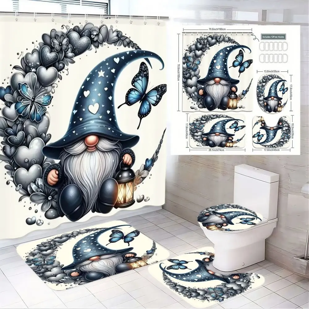 1/4pcsGarden Gnome Shower Curtain Set, Blue-Clad Gnome with White Beard & Lantern, Matching Toilet Cover + 2 Floor Mats (Bathroom), Spring Easter Decor, Blue Gray White Bathroom Accessories, Bathroom Decoration Accessories