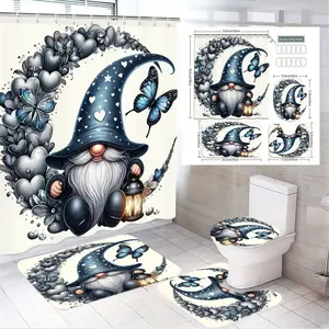 1/4pcsGarden Gnome Shower Curtain Set, Blue-Clad Gnome with White Beard & Lantern, Matching Toilet Cover + 2 Floor Mats (Bathroom), Spring Easter Decor, Blue Gray White Bathroom Accessories, Bathroom Decoration Accessories