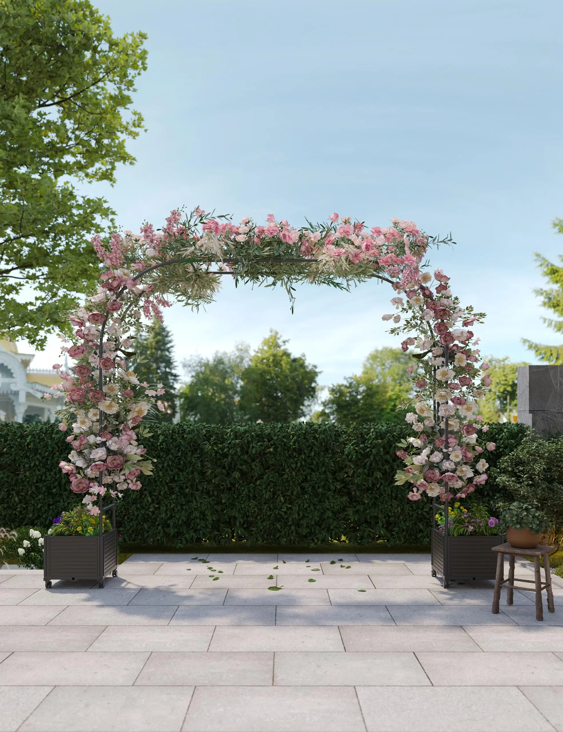 [GAOMON]Garden Arch Arbor Trellis with Raised Planter Boxes for Climbing Plants Outdoor, Metal Arch Flowers Frame Backdrop Stand for Ceremony, Halloween, Christmas, Decorations Pergola, 86.6" Black