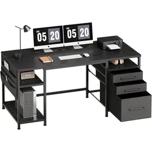 Home Office Desk with Drawers Adjustable Shelves, 59 inch Writing Desk with File Cabinet, Large Computer Desk with Storage, , Black