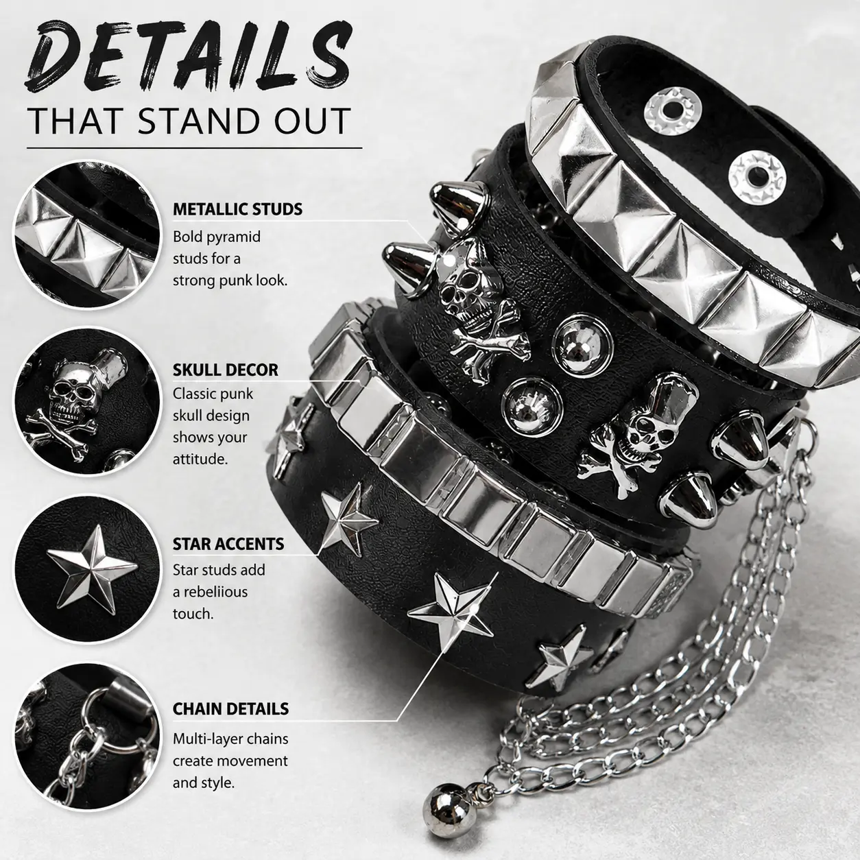 Gothic Punk Black Leather Cuff Bracelet Set Pyramid Spikes Skull Crossbones Star Stud Tassel Chain Wristband Y2K Emo Rock Accessories for Women Men
