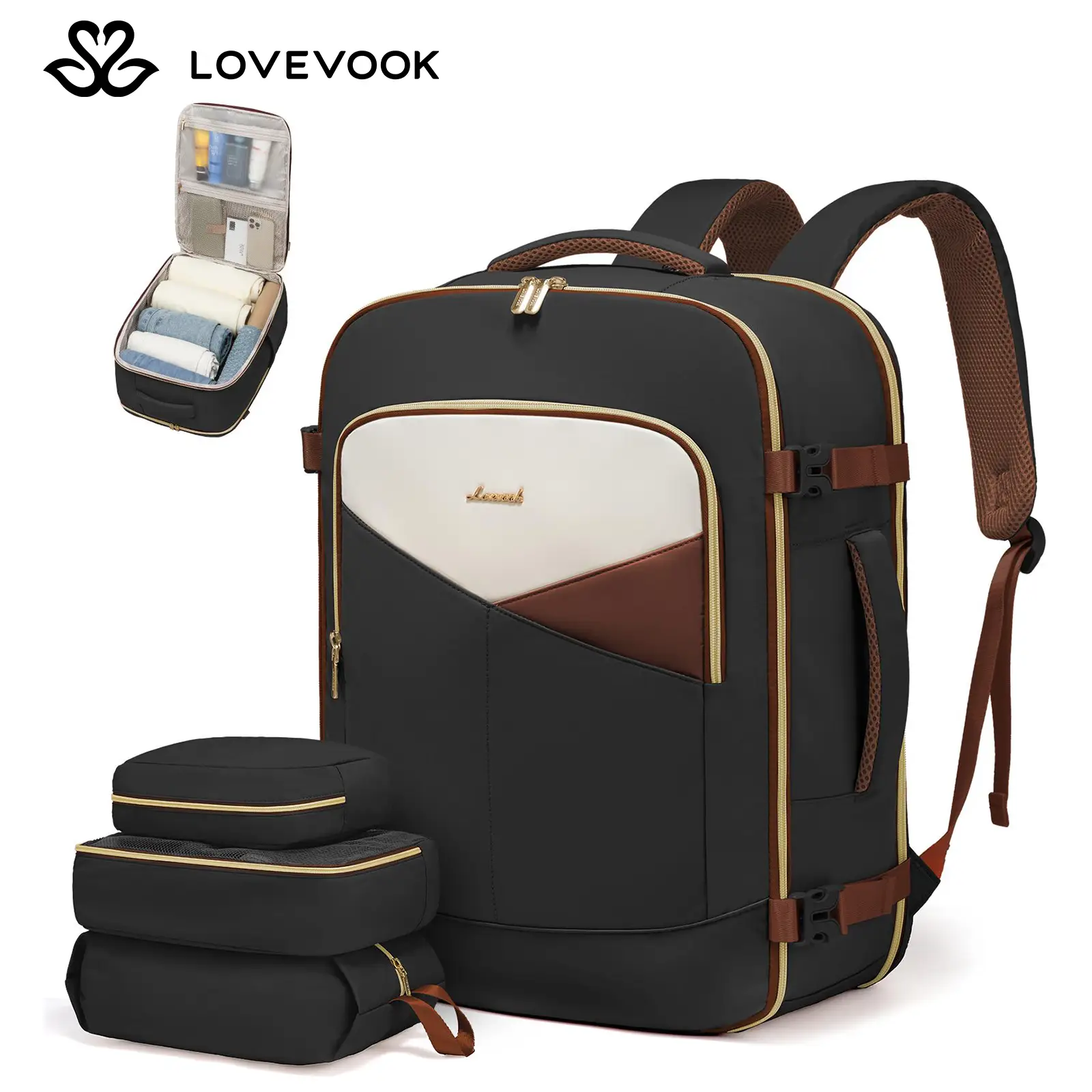 LOVEVOOK Carry On Travel Bagpack for Man and Women, Waterproof Backpack for Travel with 3 Packing Cubes, Color-Blocked Bag with Laptop Compartment, Pe
