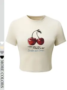 Cherry Print Crop Top – Cute & Comfy Loungewear! Soft Fitted Tee with Vibrant Fruit Graphic, Multiple Colors Available. Perfect for Cozy Days or Casual Outfits – Viral TikTok-Worthy Style You’ll Love!