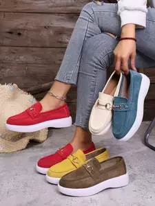 Women's New //lake Blue/bright /coffee French Casual Commuter Loafers, Velour/denim Fabric, Metal Buckle, Thick Sole, Slip-On