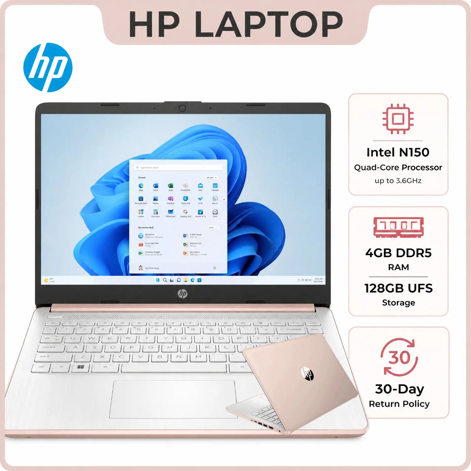 HP 14" Laptop Student Business Computer - 2025 New Version, Intel N150 Processor, Windows 11 Pro, Copilot AI, 12Hr Battery, up to 16GB RAM 384GB Storage (128GB UFS+256GB MSD) ,Rose Gold,w/Accessories