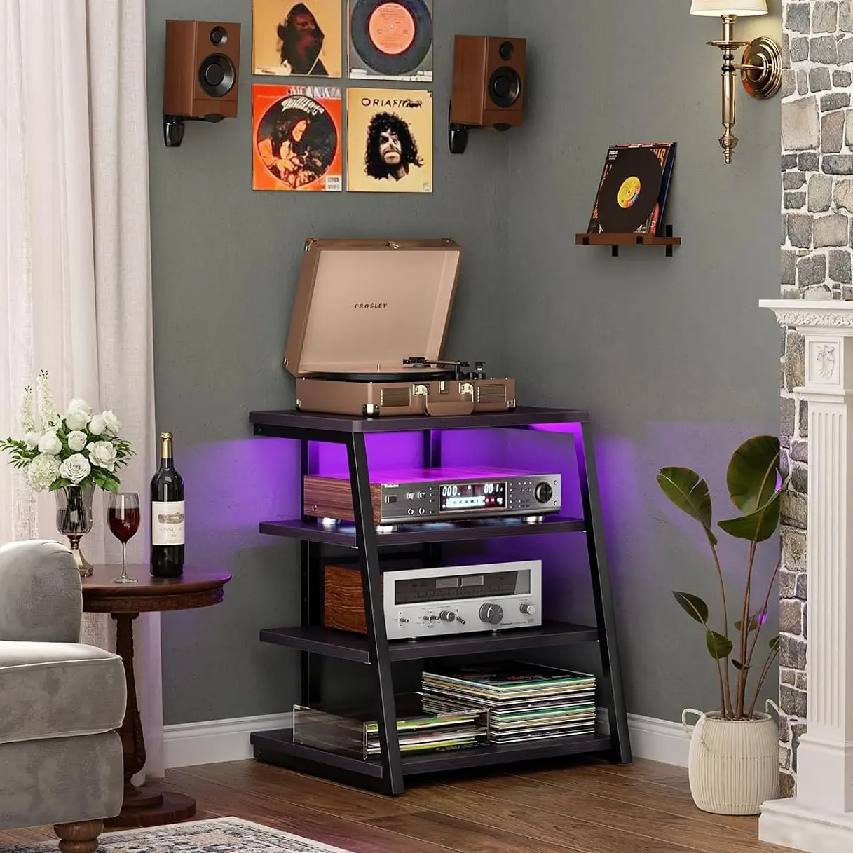 Armocity 4-Tier AV Media Stand with Power Strips, Rack Audio Tower with Adjustable Shelves, Small Entertainment Center, 30'', Black Ebony