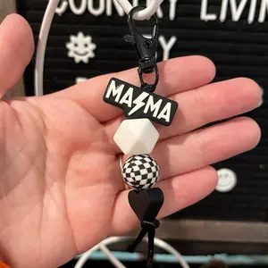 Mama Keychain with Checkered Ball and Heart Design