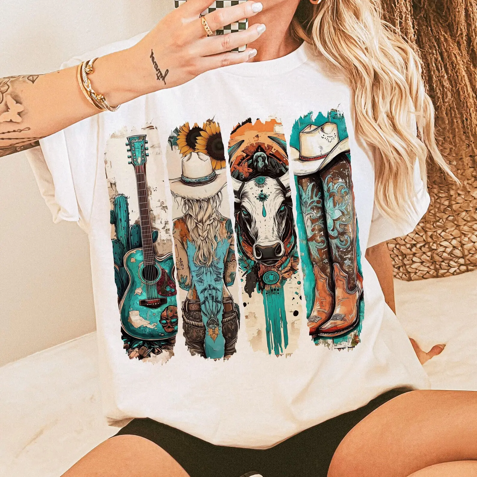 Western Cowgirl T-shirt, Cowboy Boots T-shirt, Cowprint, Western Turquoise, Sunflower, Country Popular Now, Trendy Western T-shirt	