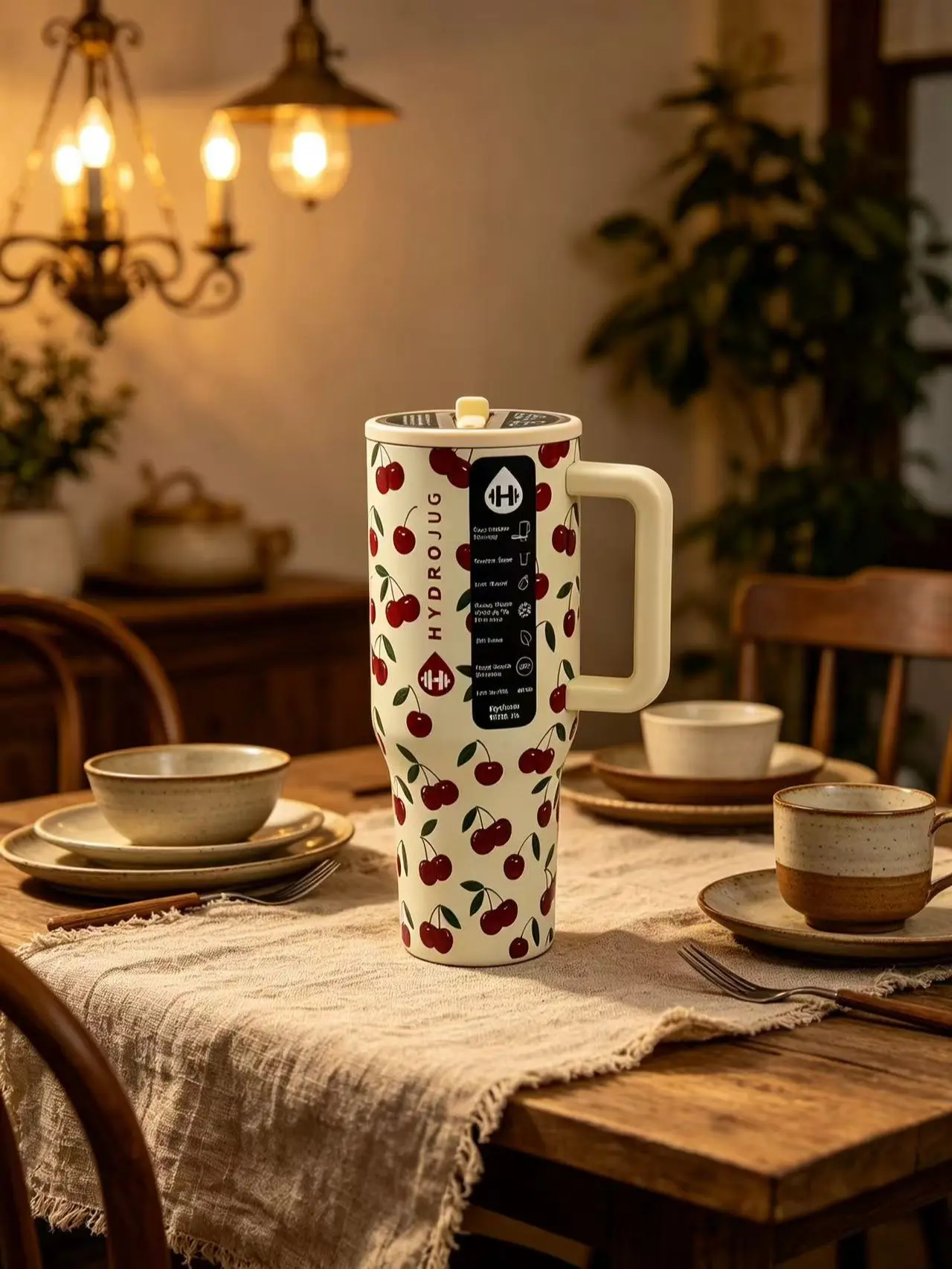 HydroJug 40oz Cherry Pattern Insulated Tumbler with Handle, Leakproof Flip Straw Stainless Steel Travel Mug, Cup Holder Friendly Cute Fruit Cup for Summer Daily Use
