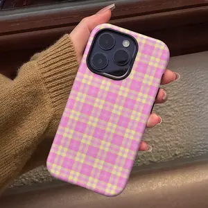 Pink & Yellow Plaid Design Phone Case , Vibrant Moon & Floral Face Designs for Ultimate Style , Trendy Protective Cover for iPhone 7 8 X XR XS 11 12 13 14 15 16 17 Pro Max Plus Air ,Perfect Gift