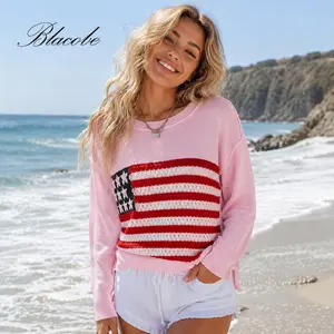Women´s Lightweight Knit Sweater Long Sleeve Crewneck Flag Embroidery Loose Knitwear Streetwear, Casual, Versatile Style—Perfect for Everyday Wear or the Fourth of July