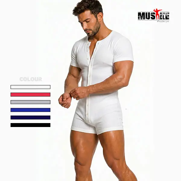 Men's Henley Romper, Short Sleeve Stretchy Knit Cotton Jumpsuit, Sexy Streetwear Loungewear with Comfortable Boxer Bottoms, Casual, Pajamas, Overalls, Minimalist, Athletic, Menswear, Activewear, Mens Clothing, Relaxed Fit, Knitting