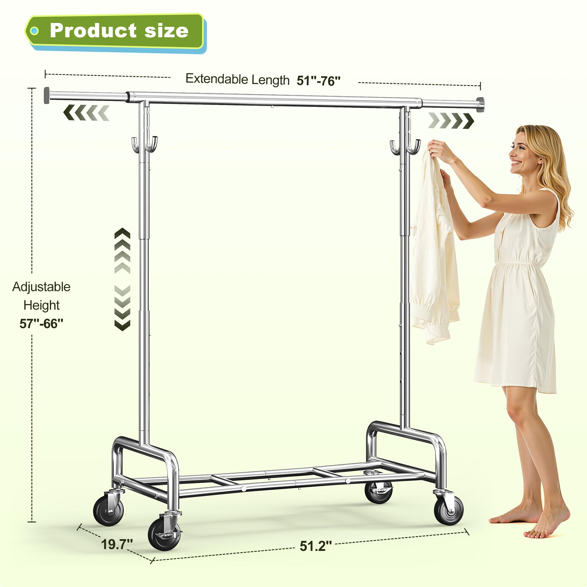 Raybee Heavy Duty Clothing Racks with Net Pocket Holds Up to 210lbs,Double Rod Metal Clothes Rack for Hanging, Rolling Garment Rack with Wheels Portable Closet Racks for Bedroom, Laundry Room,Dorm, Black, White, Gold