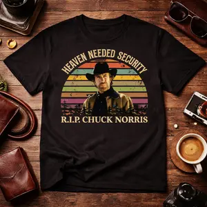 Heaven Needed Security R.I.P Norris Vintage T-Shirt, Retro Cowboy Graphic Tee, Funny Tribute Shirt for Men Women