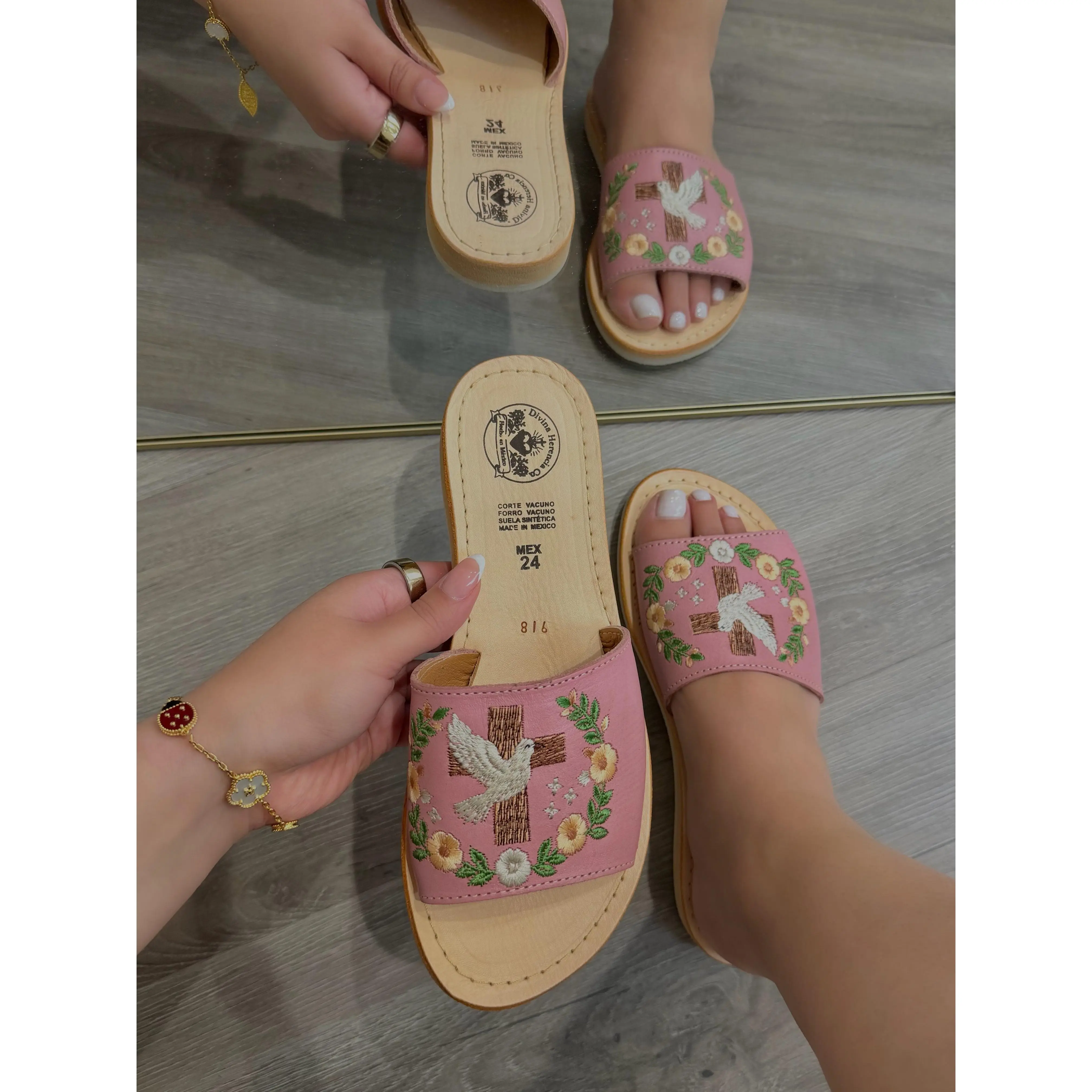 White Dove & Cross Espíritu Santo Embroidered Blush Leather Huaraches