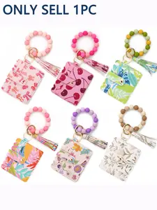 Printed PU Leather Card Holder with Beaded Wristlet, Multi-Slot Keychain Wallet with Tassel, Stylish Organizer for Daily Use