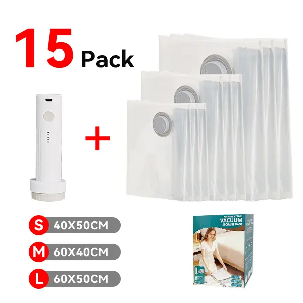 Travel Vacuum Bags Set with USB Rechargeable Electric Pump 9/15 Pack Space Saver for Clothes Durable Zipper Seal Lightweight Organizer for Trips & Luggage