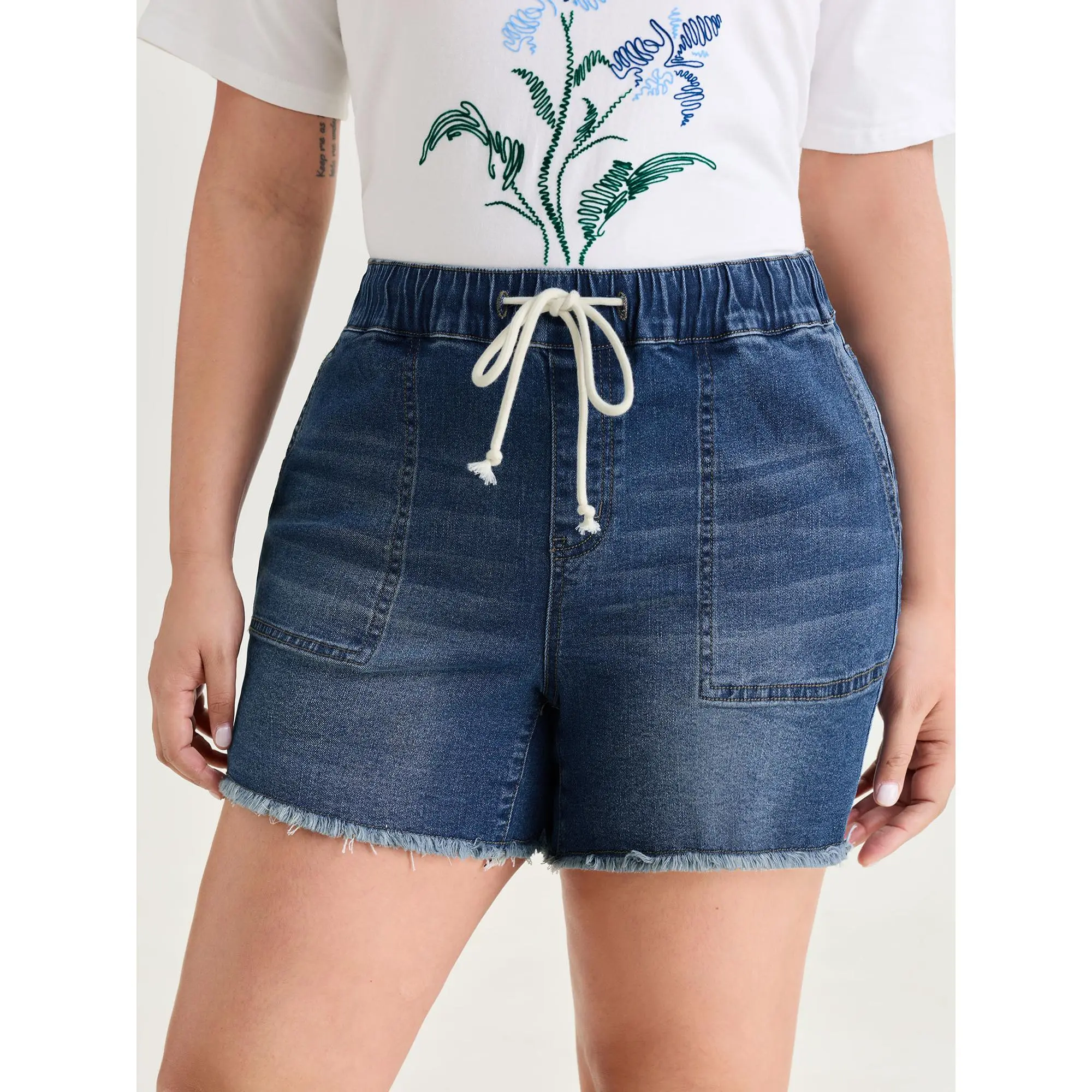 BloomChic Women's Plus Size High-Stretch Cutoff Shorts, Casual Spandex Cotton Blend with a Flattering Fit for Everyday Wear, Fabric, Elastane, Simple, Comfy, Mid Blue, Breathable, Cold Wash, Loose-Fitting, Bottom, Mid Waist, Flattering Cut