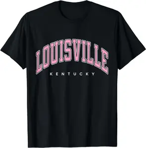 100% Cotton Louisville Kentucky KY Varsity Style Pink Text T-Shirt